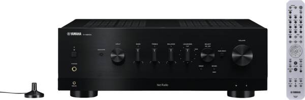 Yamaha R-N800A schwarz Gerät von vorne mit Zubehör