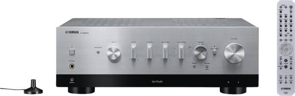 Yamaha R-N800A silber Gerät von vorne mit Zubehör