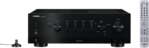 Yamaha R-N1000A schwarz Gerät von vorne mit Zubehör