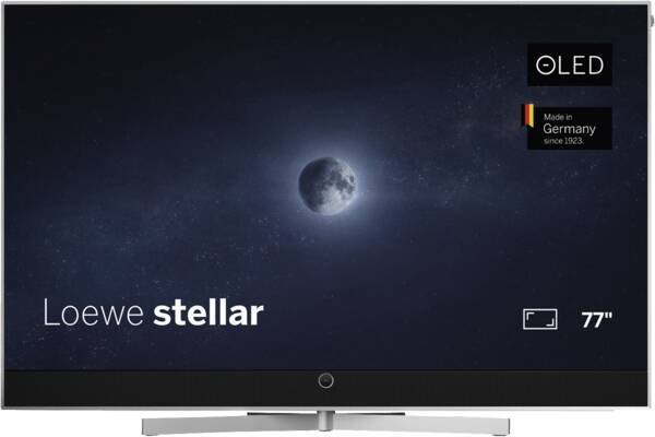 Loewe stellar.77dr+ - Alu Brushed + Alu TV Gerät von vorne